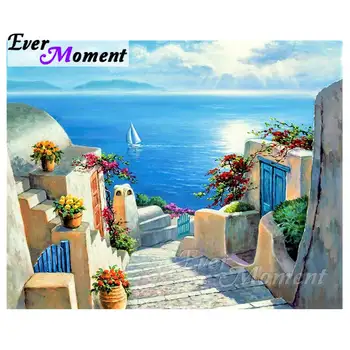 

Ever Moment Diamond Painting Beautiful Town Blue Sea Scene Full Square Drills Resin Diamond Embroidery Hobbies Handicrafts 4Y139