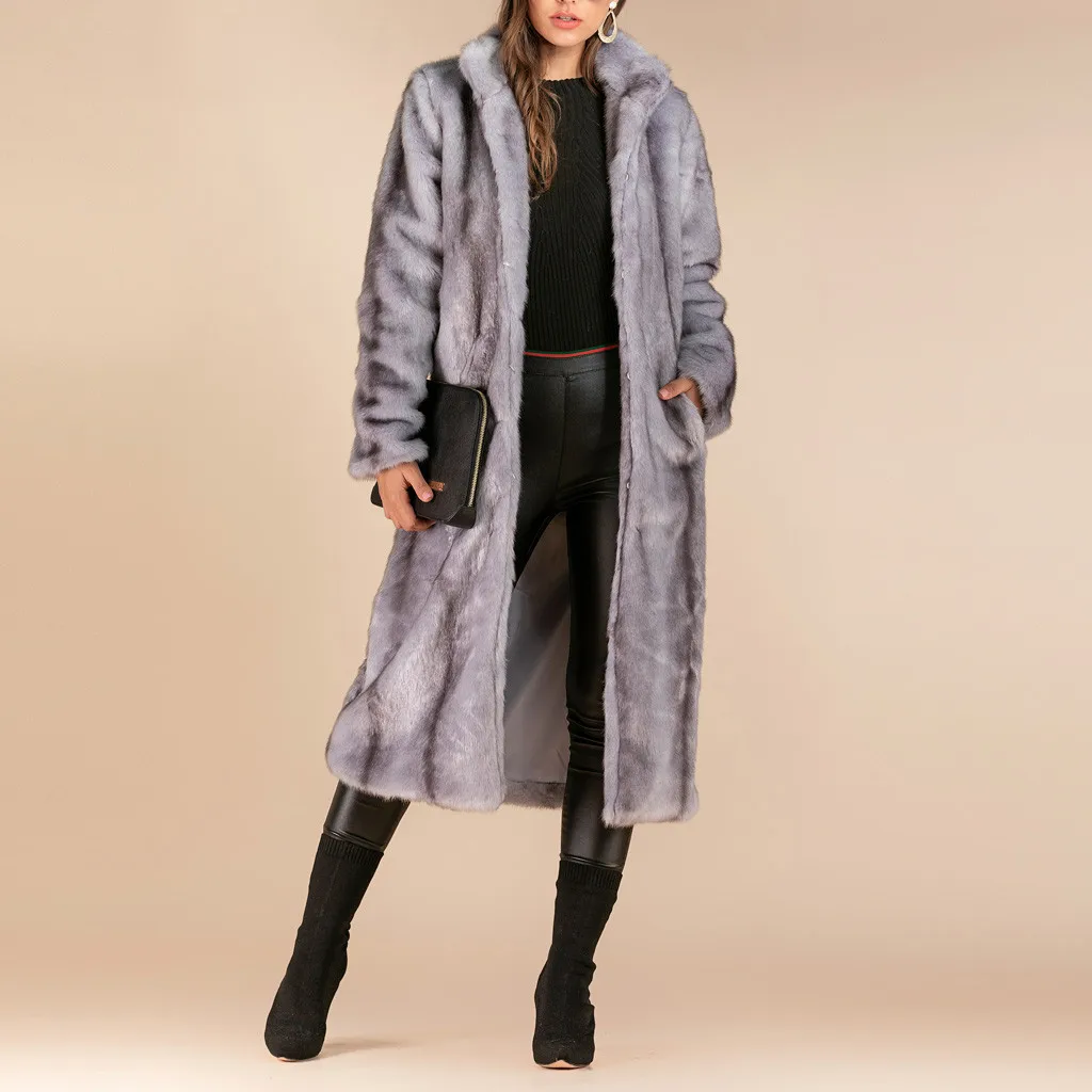 Элегантные серые лохматые женские шубы из искусственного меха уличная осенне-зимняя теплая плюшевая шуба для женщин, большие размеры, вечерние пальто# J30