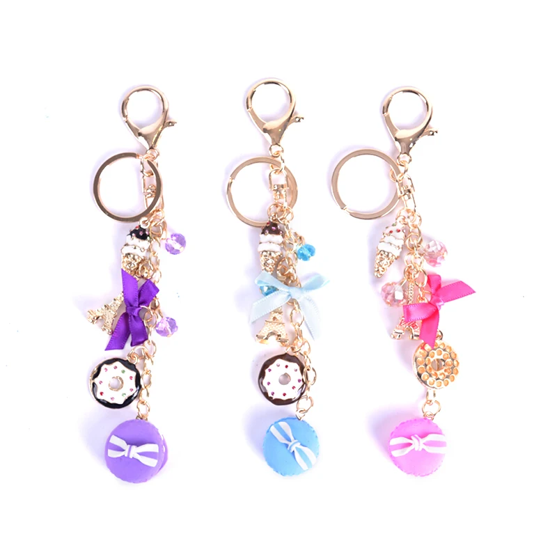 HOT Macaroon Keychains Lovely Cake Keyring Bag Accessories Gold Metal Keyring Car Key Holder 3 Colors