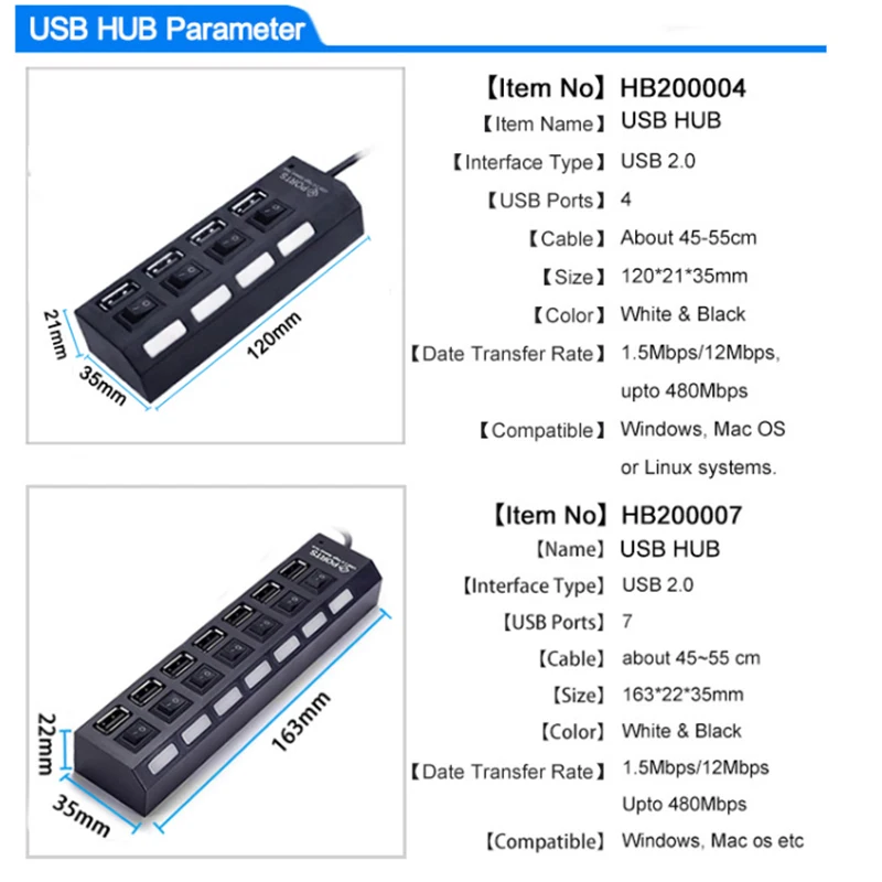 7-портовый USB 2,0 концентратор, 480 Мбит/с высокоскоростной сплиттер для Windows XP/Vista/7 с индивидуальный переключатель и светодиодный индикатор