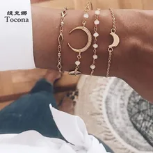 Tocona в богемном стиле 4 шт./компл. золото Луна Браслеты с белым шариком и простая цепь геометрическое ювелирное Для женщин аксессуары оптом 8505