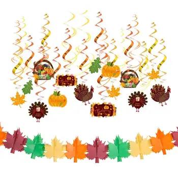 

31pcs in 1 Set Spiral and Banner Hanging Swirl Flag Maple Leaves Bunting Ceiling Pendant for Festival Thanksgiving Decorations