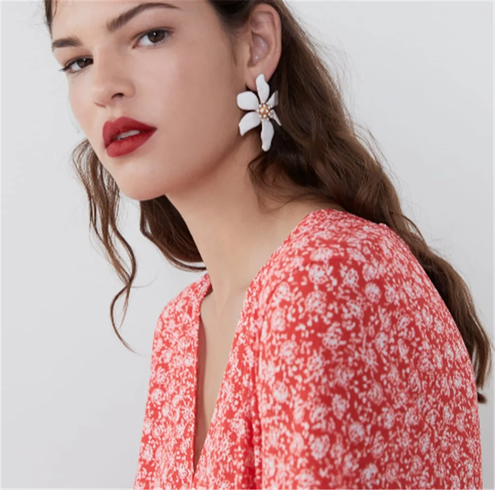 

2019 Summer ZA New Women's Print Drape Dress Boho V Neck Short Sleeve Loose Dress Fashion Red Ladies Dress Travel Party Wedding