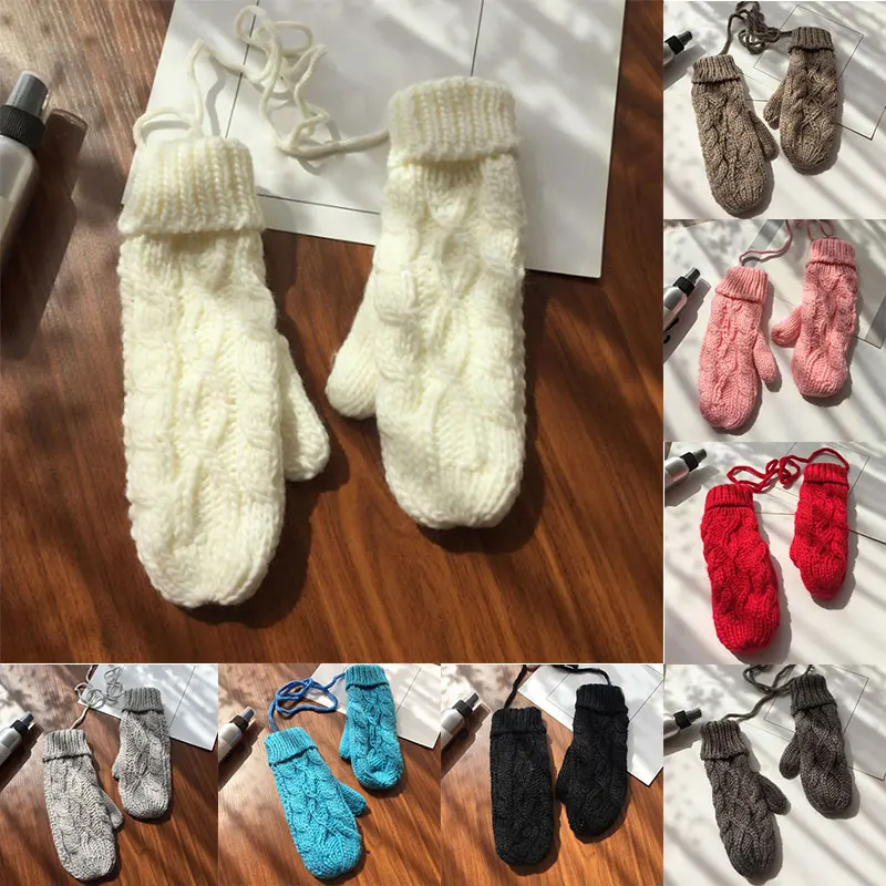 

Warmer Hanging Neck Gloves Solid Color Double-layer Thicken Knitted Gloves Twist Crochet Full Finger Hand Classic Mittens