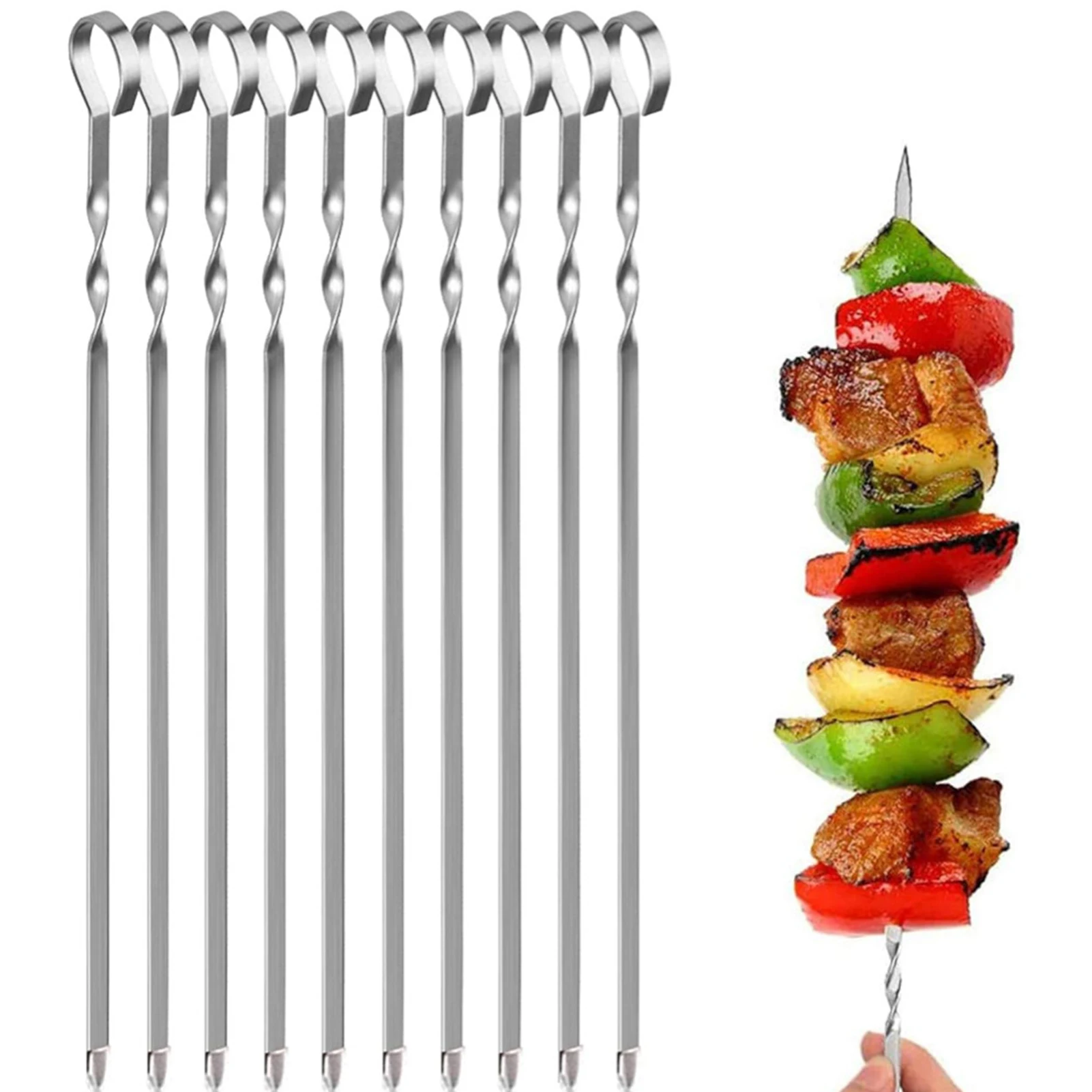 10pcs Barbecue Skewers Reusable Flat Stainless Steel BBQ 16 Inch Needle Stick For Outdoor Camping Picnic Tools | Дом и сад