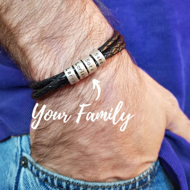 

Personalized Custom Names Men Braided Rope Genuine Leather Magnetic Buckle Bracelet With Stainless Steel Beads Husband Gift