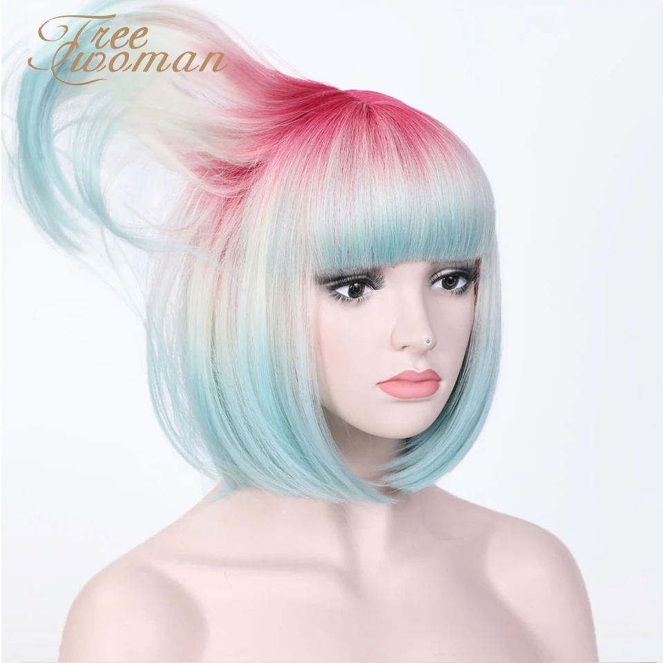 

FREEWOMAN Synthetic 10in Straight Short Bob Wigs Bangs Blue Pink Cosplay Wig Natural Hair Female False Hair Women's Wigs colors
