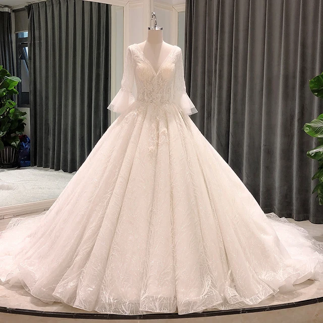 SL-8210 princess ball gown wedding dress long sleeve bridal dresses V neck lace heavy beads pearls bride wedding gown for women 1