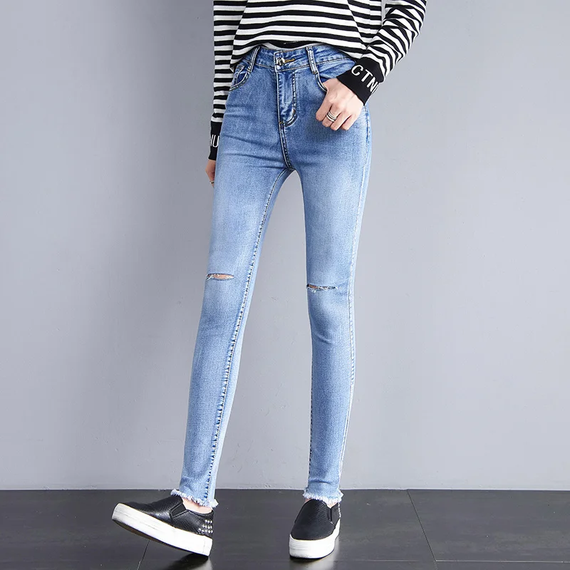 Light Blue Женские джинсы, Стрейчевые обтягивающие джинсы с высокой талией, женские потертые джинсы, женские эластичные узкие брюки - Цвет: Light Blue