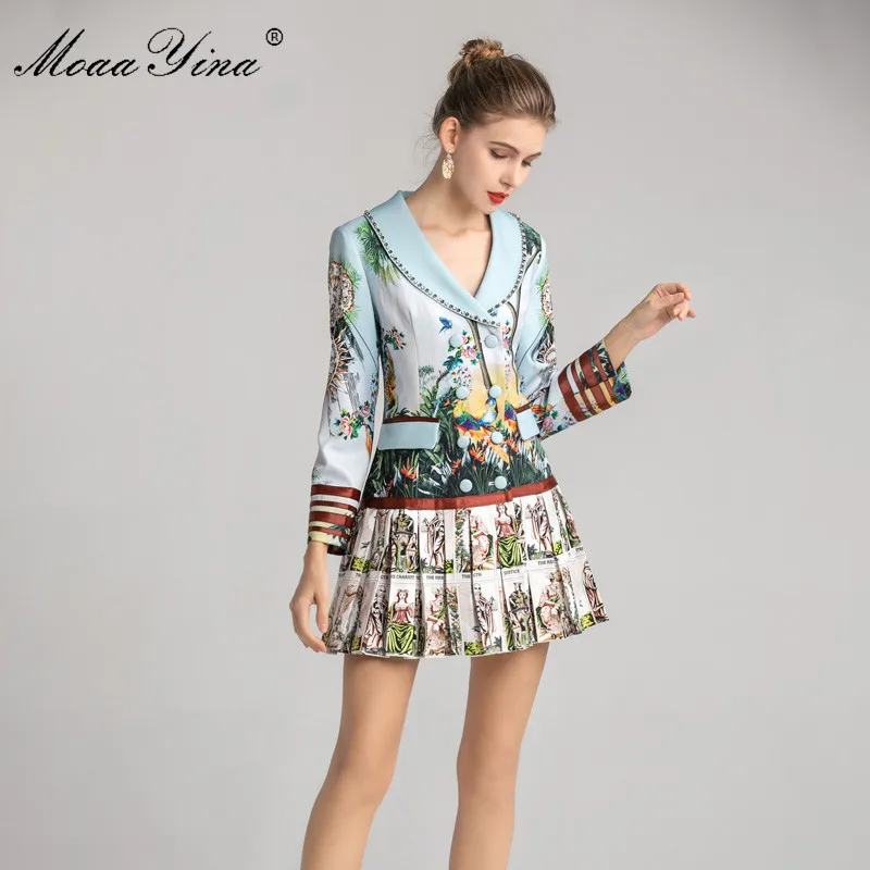 Wholesale Price DXJqy MoaaYina Fashion Designer dress Spring Autumn Women's Dress Long sleeve Print Beaded Double breasted Pleated Dresses
