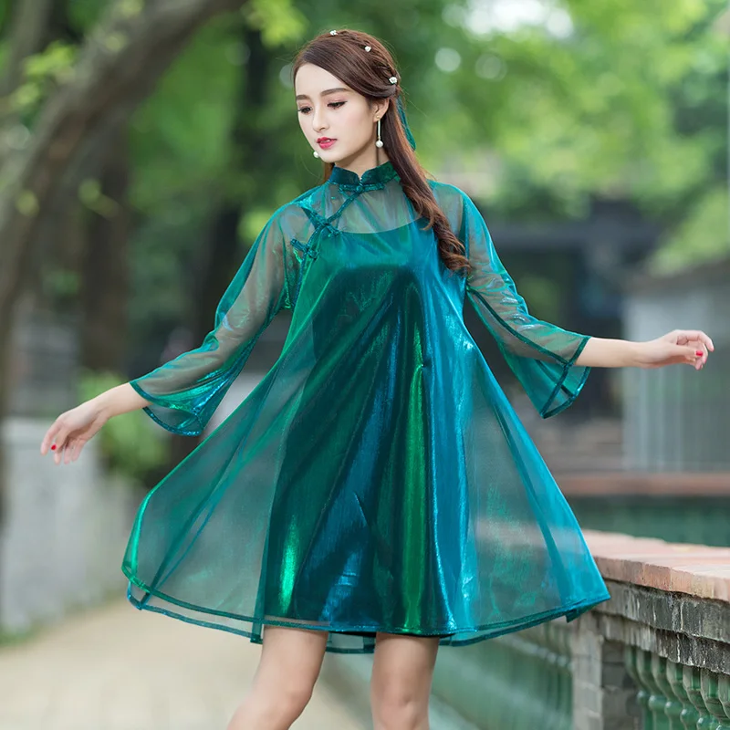 short dress JSXDHK винтажное бальное платье градиентного цвета Свободное женское платье Весна Лето зеленая вуаль платье с воротником-стойкой элегантные сетчатые длинные платья - Цвет: short dress