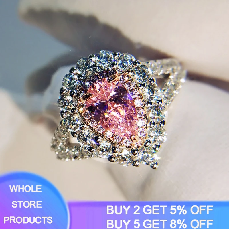 

YANHUI Drop Shape Wedding Engagement Pink&White CZ Silver 925 Ring Size 5 6 7 8 9 10 Wholesale Romantic Nice Women Jewelry Gift