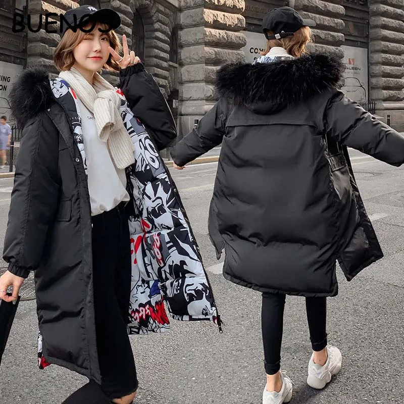 

Double side wear cotton coat 2019 winter women's long jacket slim large size big fur collar thick warm parka cotton clothing