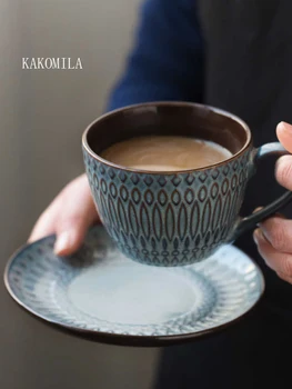 

200ML Retro Style Ceramic relief coffee cup Cup and saucer set Mug Home Cup Creative Office Latte cup Breakfast milk cup