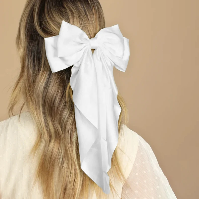 

White Black Bow Hairpin Oversize Net Yarn Ribbon Hair Clip Long Satin Ribbon Hairclip Lady Girl Wedding Party Hair Accessories