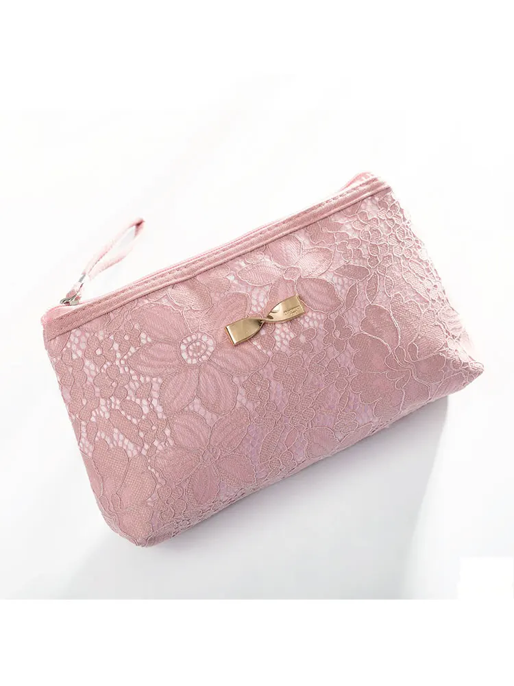 Girls Lace Design Cosmetic Bags Women Daily Use Makeup Bags For Girls Fashion BowKnot Female Zipper Women Cosmetics Bag 8011