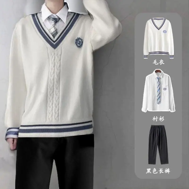 Autumn And Winter College Style V-neck Knitted Sweater Unisex Student Shirt Sweater Pants 3-pcs JK Uniform Couple Class Service jk dk uniform blouses men shirts couple male college style korean loose white shirt male long sleeved student couple shirt