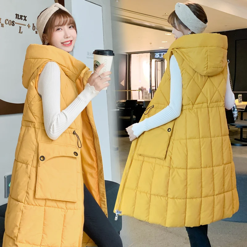

Women Coat Long Vests Slim Drawstring Waistcoat Overcoat Sleeveless Female Jacket Down Cotton Padded Warm Vest Hooded