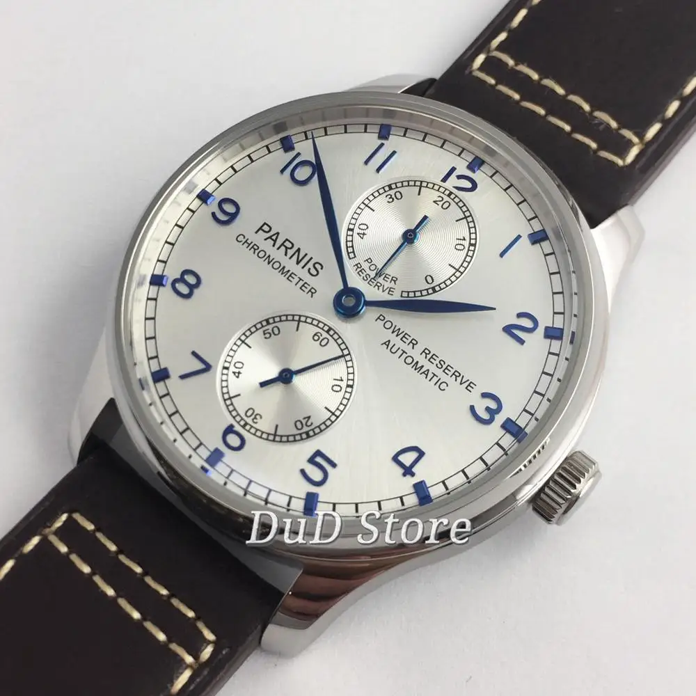 

PARNIS 43mm Silver Dial Polished Case Self Winding Movement Men's Watch With Deployment Clasp Power Reserve Business Watch