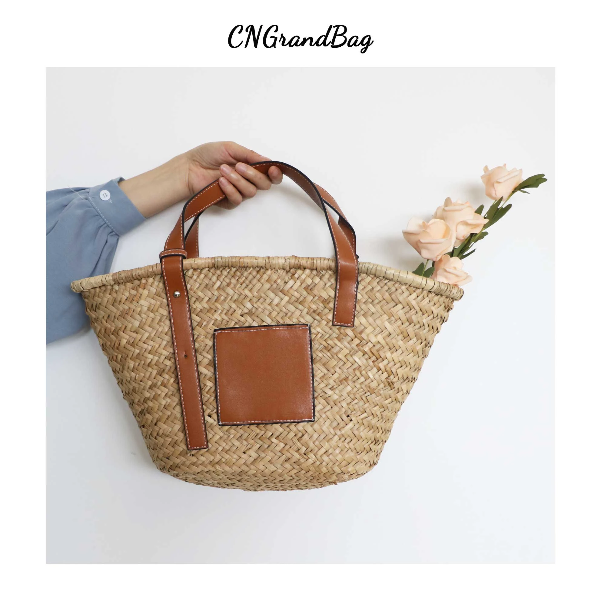 Fashion Designer Women Beach Bag High Quality Straw Bags with PU handle Ladies Summer Raffia
