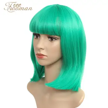 

FREEWOMAN Green Synthetic Bob Wigs For Women Short Bob Wig With Bangs Fake Hair Purple Black Wig Heat Resistant Halloween