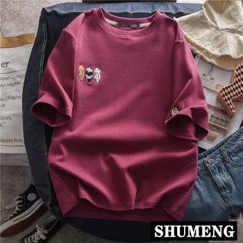 

Thickening Cotton Tee Women Short Sleeve 2020 Spring Fall Cartoon Embroidery Casual T Shirt Female Solid Soft Base T-shirt Girls