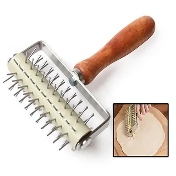 

Kitchen Tool Durable Dough Pitter Stainless Steel Wheel Pizza Hole Puncher Bread Wooden Handle Needle Roller