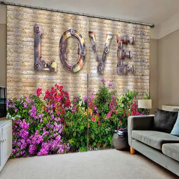 

Beautiful Photo Fashion Customized 3D Curtains Brick tile love green leaf flower 3D Curtain Printing Blockout Polyester