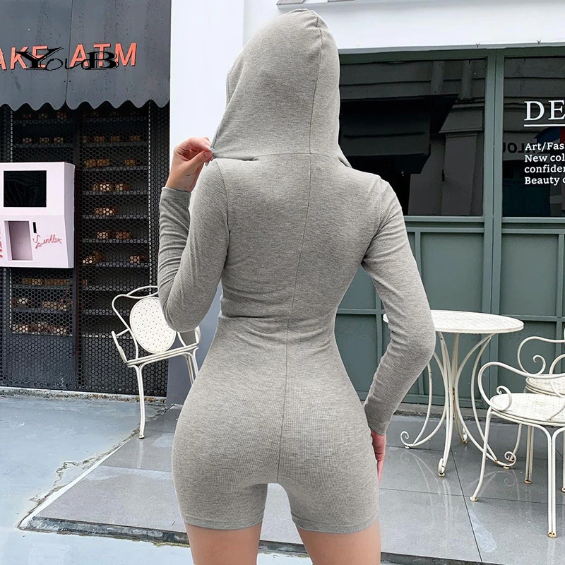 YOUB Hooded Playsuit Jumpsuit Knitted Womens Long Sleeve Stretch Short Casual Romper Leotard Slim Bodysuit Button Bodycon Hoodie