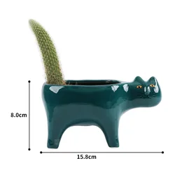 Charming Cat Ceramic Planter - Adorable Succulent and Flower Container (Dark green)