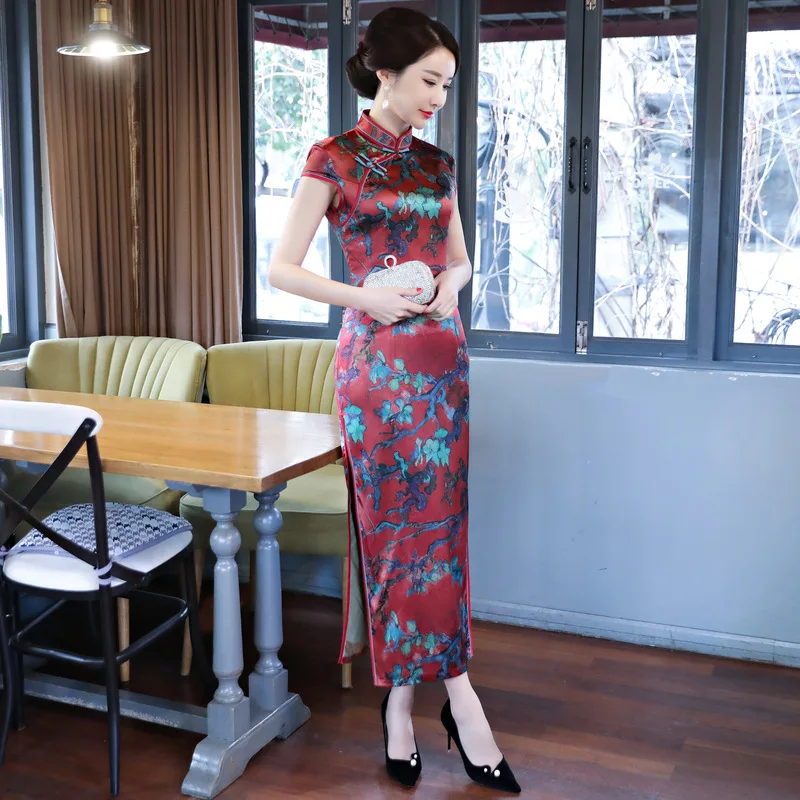Flower Cheongsam Photo Shoot Spring Silk Long Printed Cheongsam Stand Collar Slim Fit When