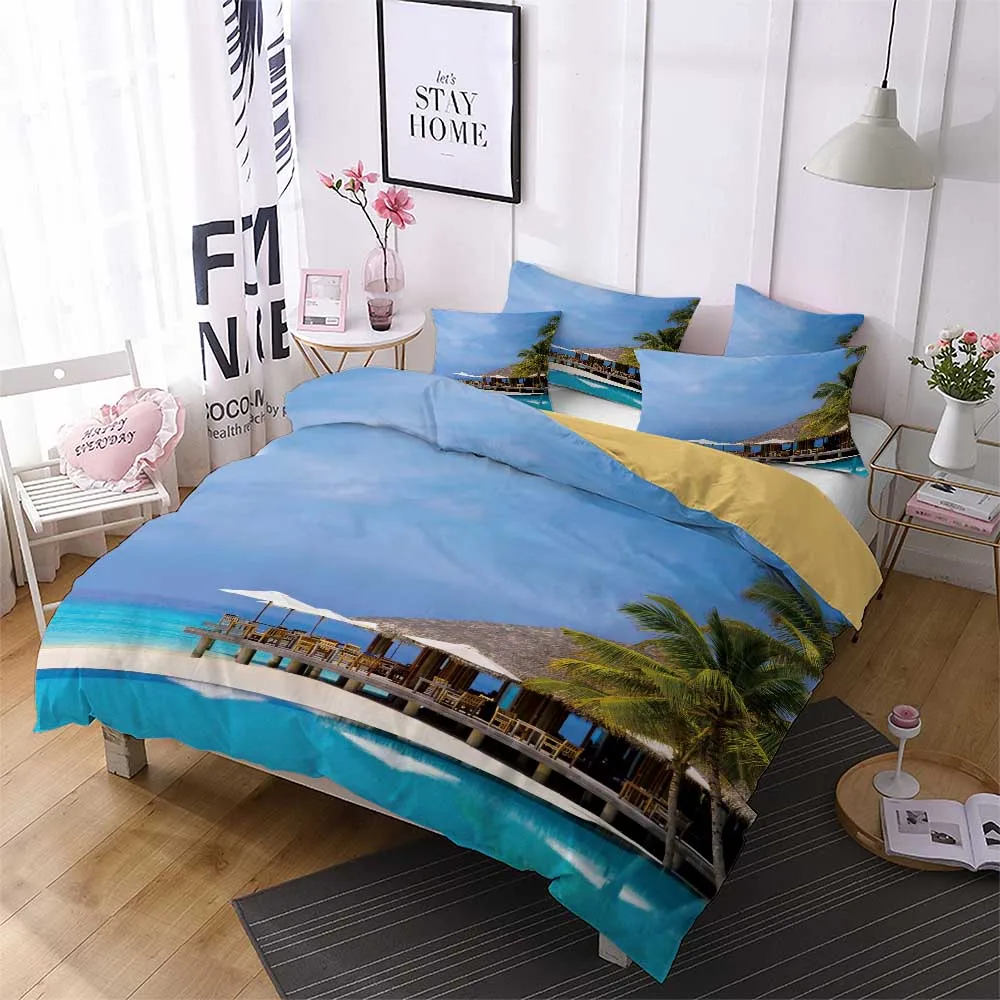 Summer Tropical Beach Bedding Set Palm Tree Print Holiday Ocean Bed Cover Pillowhcase 2/3 Piece Microfiber Duvet Gift | Дом и сад
