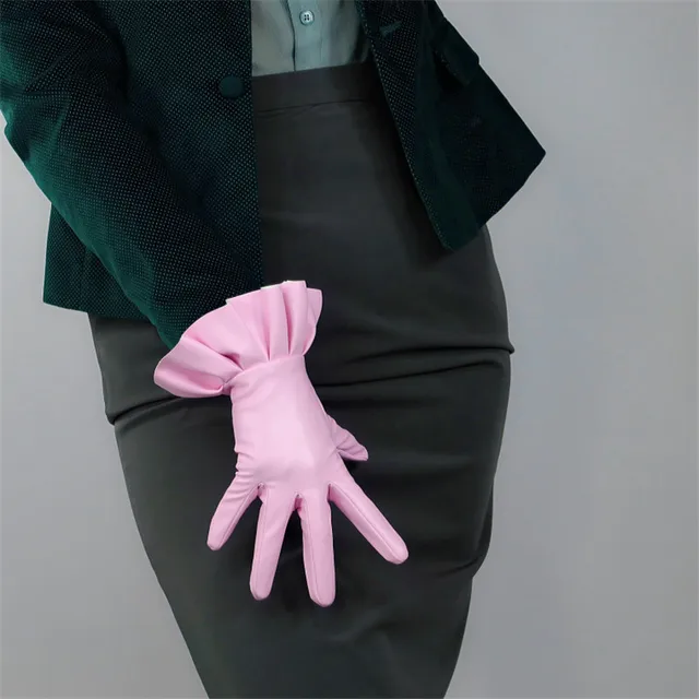 Newest Women PU Gloves Loose Long Faux Leather Glove 90cm Big Sleeve Amulation Sheepskin Light Pink Female WPU308 25cm laceness