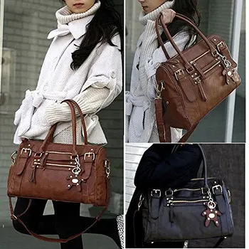

Women PU Leather Bag Top Handle Satchel Handbags Shoulder Tote Vintage Purse with Bear Hanging Chain