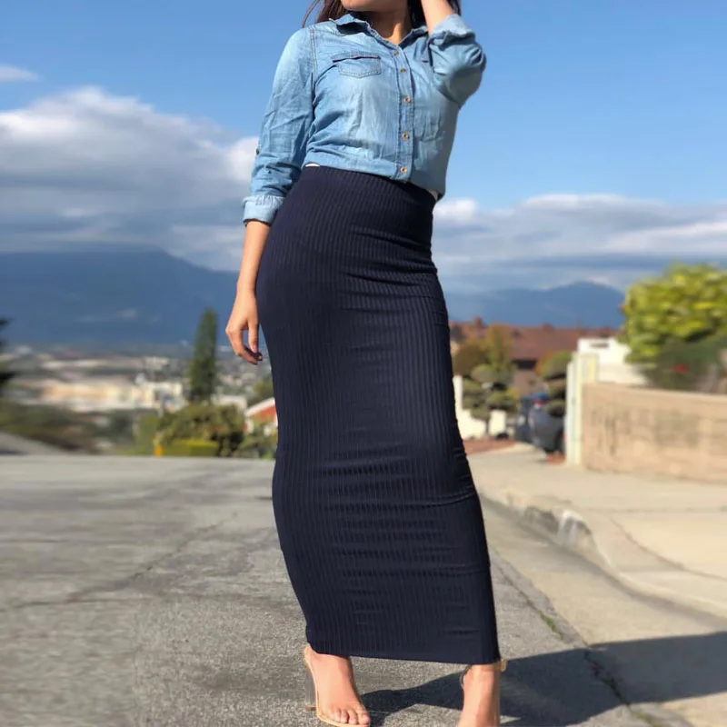 Черный Faldas Mujer Moda Весна Арабский мусульманский женский с высокой талией вязаный карандаш Облегающие юбки длинные женские s Jupe Femme одежда - Цвет: Черный