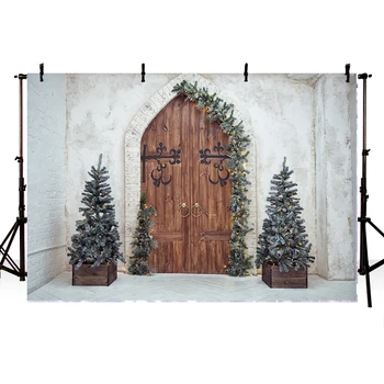 

Mehofond Christmas Photo Background Tree Wooden Door Vintage White Broken Brick Wall Baby Photography Backdrop for Photo Studio