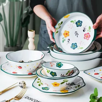

Nordic Plants Ceramic Dinner Plates Bowl Set Household Saucer 5 inch Bowl Chopsticks Bake Steak 8 inch Plate INS Style