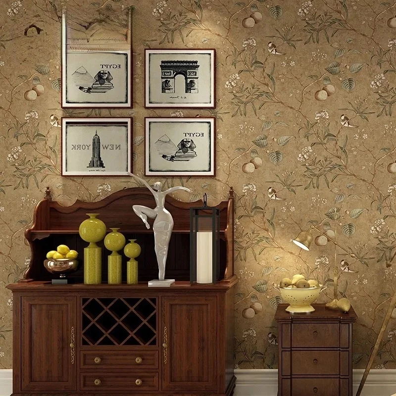 american-flower-and-bird-apple-tree-non-woven-bedroom-living-room-ab-bedroom-study-wallpaper-country-retro-nostalgic-wallpaper