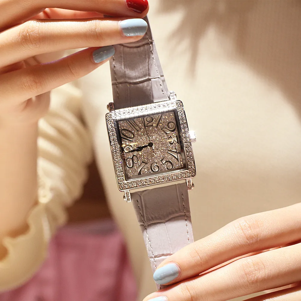 Женские часы Роскошные бриллиантовые квадратные кварцевые женские часы креативные кожаные Наручные часы женские элегантные часы женские часы