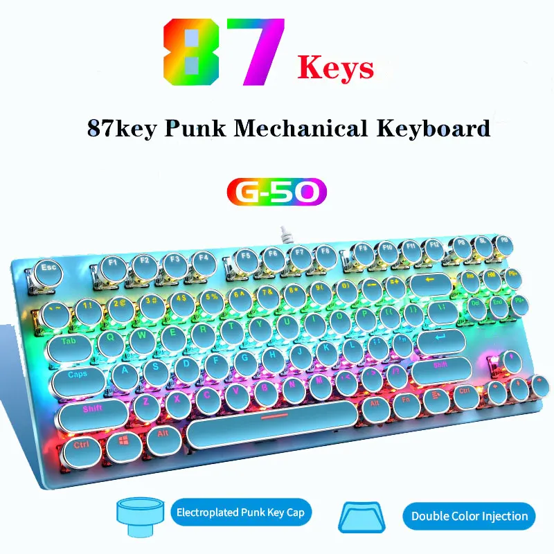 

Electroplating Punk Mechanical Keyboard 87 Keys Blue Switch Gaming Keyboards 7-Color Backlight Wired Keyboard for Laptop Desktop