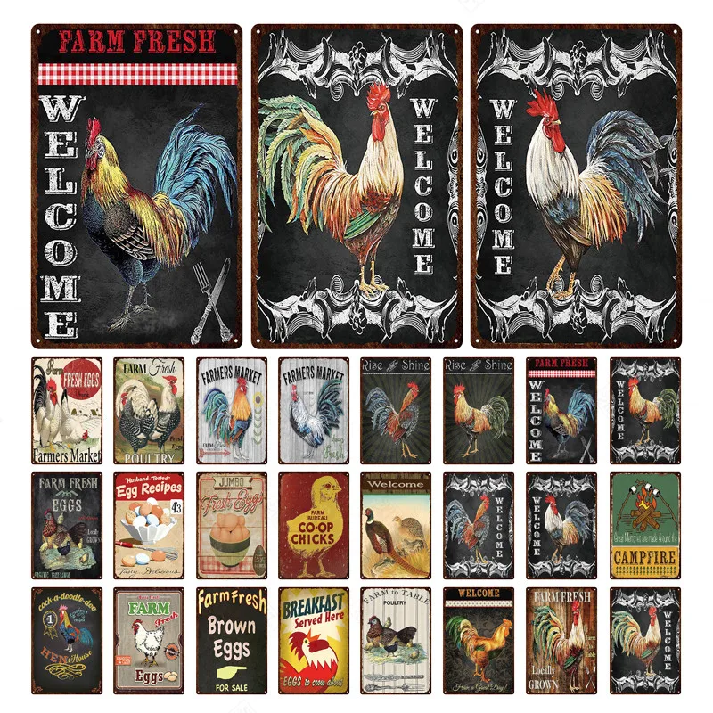 Chicken Tin Signs Vintage Metal Poster Fresh Eggs Farmhouse Farm Wall Art Decor Rooster Retro Plaque | Дом и сад