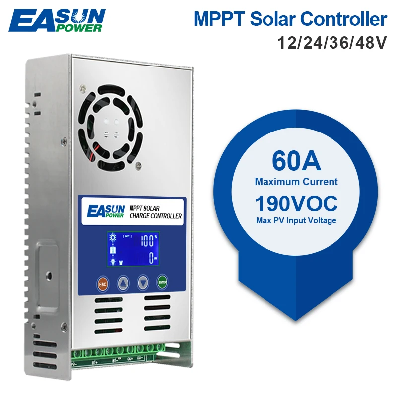 EASUN POWER 60A MPPT Solar Charge Controller 12V 24V 36V 48V Auto for Max PV 190VDC Lead Acid Lithium Battery