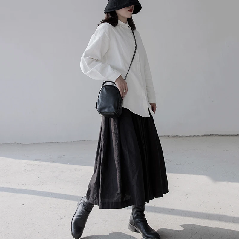 [EAM] Женская короткая белая хлопковая блузка, новая свободная рубашка с отворотом и длинным рукавом, модная весенняя Осенняя 1K514