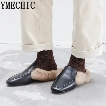 

YMECHIC 2018 Autumn Genuine Leather Fur Ladies Shoes Low Chunky Heels Square Toe Black Brown Beige Mules Ladies Pumps Women Shoe