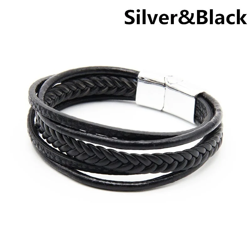 Коричневый кожаный браслет для мужчин кожаные браслеты с магнитной застежкой из воловьей кожи Плетеный многослойный браслет для мужчин s - Окраска металла: Silver Black
