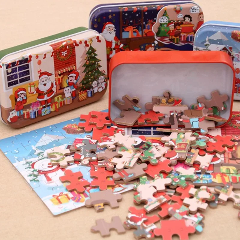 60 шт. DIY деревянные головоломки Счастливого Рождества Санта-Клаус игрушки Детский подарок железная коробка Обучающие пазлы для рождественской вечеринки украшения