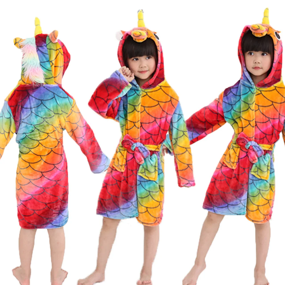 Girl Robes for Kids Winter Bathrobe Unicorn Pajamas Rainbow Pink Purple Sleepwear Girl's Dressing Gown Flannel Hooded Towel Robe baby robe and slippers Sleepwear & Robes