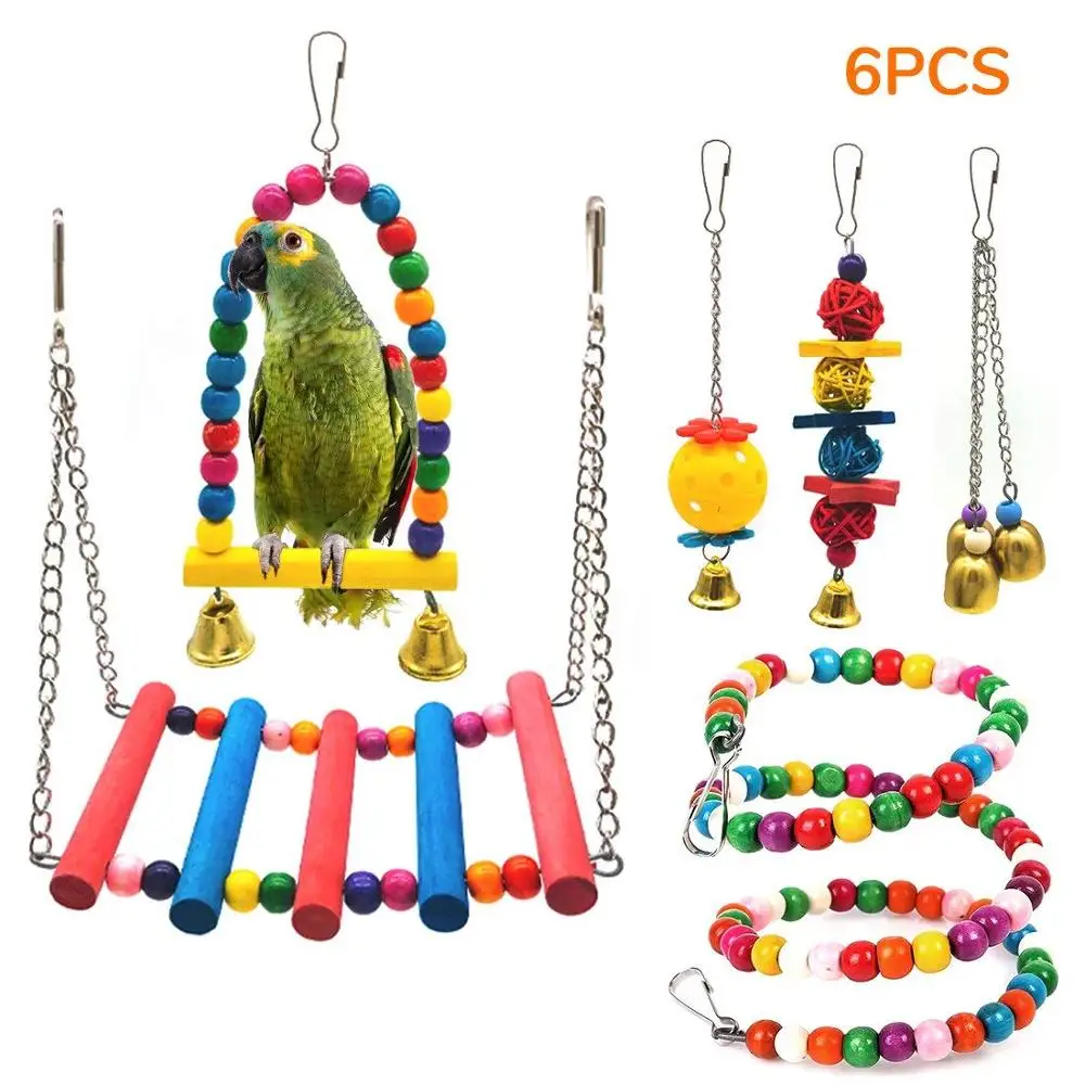 

OLN Bird Toys Bird Parrot Swing Toy Pet Bird Cage Hammock Swing Toy Hanging Bell Beaks Toy for Small Budgie 6 pcs
