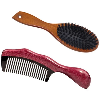 

2pcs Massage Comb Anti-Static Hair Scalp Brush Wooden Handle Hair Brush Styling Tool - Rosewood & Schima superba
