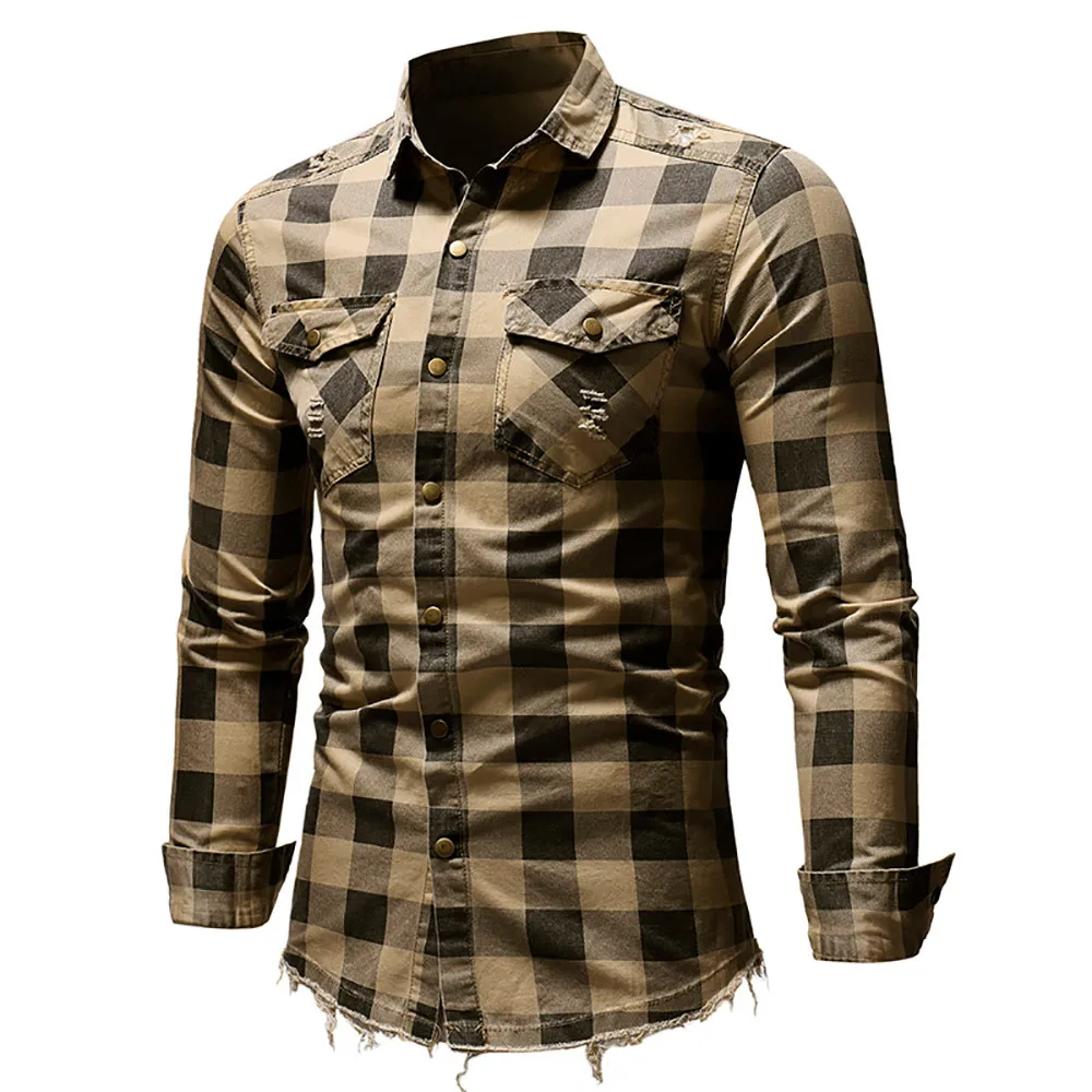 Клетчатая Мужская рубашка, лето, модная, облегающая, Chemise Homme, мужские клетчатые рубашки с длинным рукавом, ArmyGreen, рубашка, Мужская Блузка camisa
